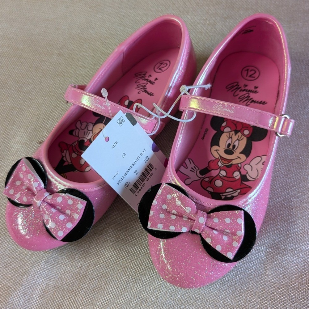 Disney Minnie Mouse Ballet Flat Girls 12 Pink NWT Glitter Mary Jane Bow Shoe